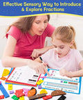 Hands On Fraction Tiles And Circles Activity Set For Kids Ages 6 To 12 in use, mother and daughter learning fractions together with colorful tiles.