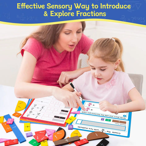 Hands On Fraction Tiles And Circles Activity Set For Kids Ages 6 To 12 in use, mother and daughter learning fractions together with colorful tiles.
