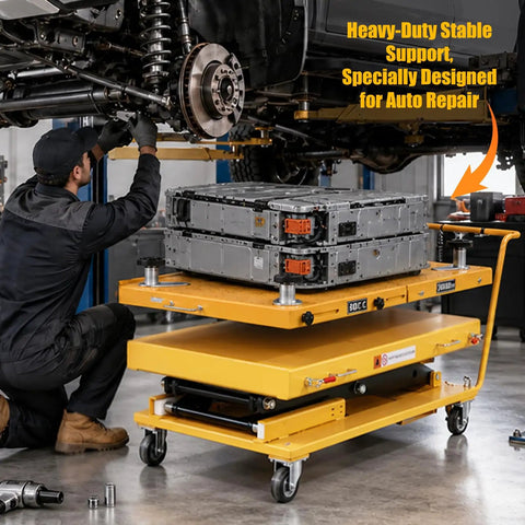 Heavy Duty Electric Scissor Lift Cart With 2600 Lbs Capacity And Locking Casters For Mobile Battery Pack Engine Gearbox Chassis Transmission Jack Repair Tasks in use with battery pack.