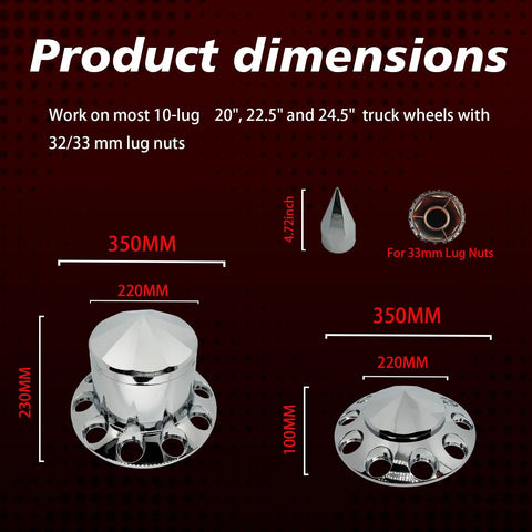 Semi Truck Axle Cover Kit With Lug Nut Covers And Wheel Covers For Front And Rear 33mm Thread On 10 Hole Caps Universal Fit product dimensions