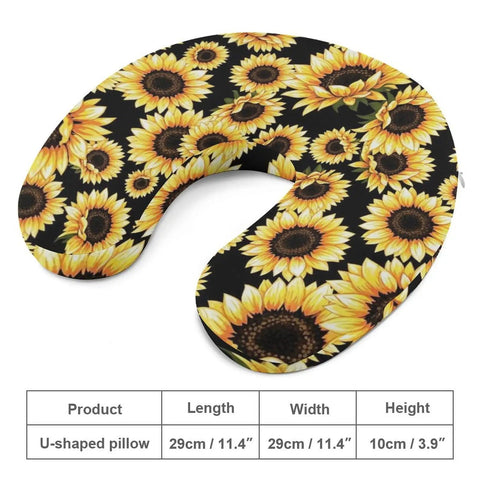 Comfy Travel Neck Pillow For Women, Portable Multi Functional Napping Pillow For Sleeping At Office Or Home, Soft Polyester Material In Black Yellow Sunflower Design