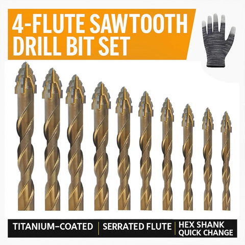 Kick Heavy Duty 4 Flute Drill Tap Combo Bits With Titanium Coated Carbide Tips And Hex Shank For Metal Wood Plastic Concrete That Cuts Fast And Gives Clean Threads On Every Project. 4-flute sawtooth drill bit set with titanium-coated hex shank bits
