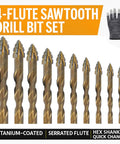 Premium 4-Flute Sawtooth Eccentric Drill Bits With Titanium Coated Carbide Tips Offering A Radically Easy 2-in-1 Drill And Tap Combo Kit For Metal, Wood, Plastic Or Masonry With Multi-Size Hex Shank Set To Kill It At The Job.. 10-piece titanium-coated drill bit set
