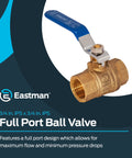 Eastman 3/4 in. IPS full-port brass ball valve with blue lever handle; threaded ends, front view