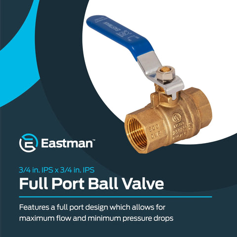 Eastman 3/4 in. IPS full-port brass ball valve with blue lever handle; threaded ends, front view