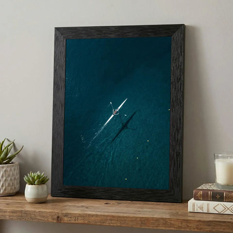 Framed Canvas Wall Art Aerial Rowing Scull In Deep Teal And Navy Ocean Hues With Floating Illusion Modern Black Frame, 8x10 Inches