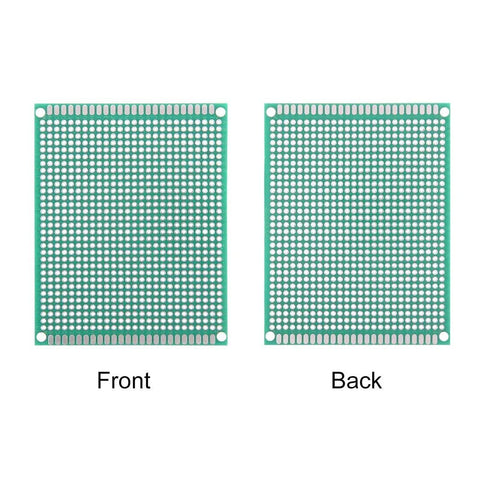 Front and back view of Three Pack 7x9 Cm Double Sided PCB Board Prototyping Proto Board for DIY Soldering, FR-4 glass fiber, pre-tinned holes.