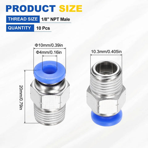 10 Pcs Push To Connect Fittings For 0.16 Inch OD Tubing, 1/8 NPT Male, Nickel Plated Brass Straight Pneumatic Quick Connect Adapters, Air Line Connectors For Pneumatic Systems, Blue