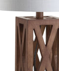 Close-up of Brown Farmhouse Wood Table Lamp With White Linen Drum Shade 21.5 Inch Cozy Rustic Modern Bedside And Living Room Mood Light