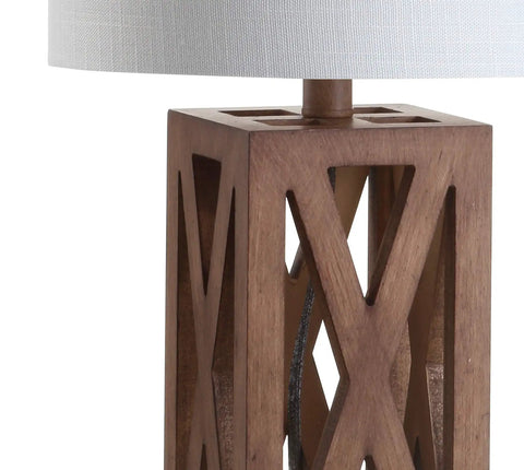 Close-up of Brown Farmhouse Wood Table Lamp With White Linen Drum Shade 21.5 Inch Cozy Rustic Modern Bedside And Living Room Mood Light