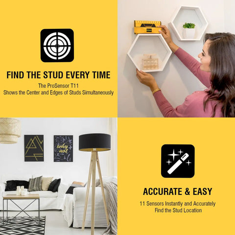 Woman using ProSensor T11 11-Sensor Stud Finder on drywall for wood and metal studs deep scan up to 1.6 inches with precision LEDs.