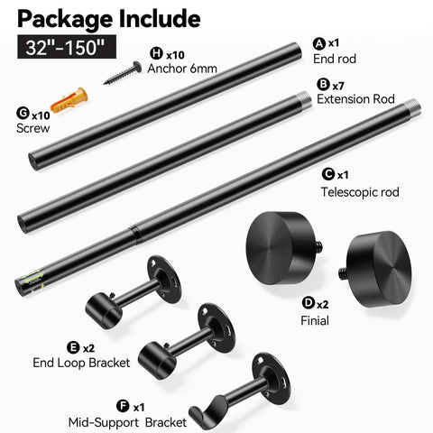 Heavy Duty Adjustable Curtain Rod 32 To 150 Inches Black 1 Inch Diameter Extra Long Window Rods With Aluminum Finials package contents