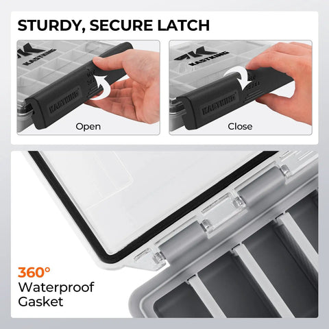HyperSeal Waterproof Tackle Box For 3600 And 3700 Trays With Removable Dividers, showing secure latch and 360° gasket