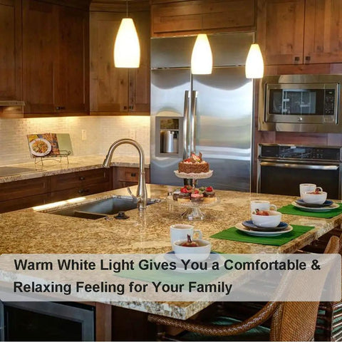 Kitchen with warm white lighting from ceiling fan featuring Beefy Bright High Output E11 Halogen Bulb 120V 75W T4 2700K.