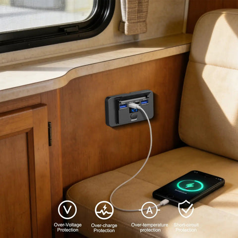 Slick 2 Pack 12V USB Outlet With Voltmeter And Four Fast Charging Ports PD 36W QC 18W Surface Mount Charger Socket installed in RV.