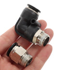 Check Out This Epic 6pc Set Of 3/8 Inch Pneumatic Air Hose Quick Release Fittings Featuring Straight And Elbow Connectors For Easy Push To Install Plus Repair Tasks Done Real Fast Without Leaks. Black elbow quick release air hose fitting with metal threaded ends, held in hand