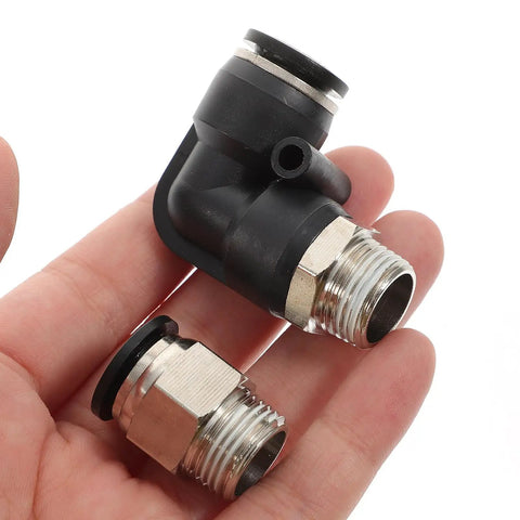 Check Out This Epic 6pc Set Of 3/8 Inch Pneumatic Air Hose Quick Release Fittings Featuring Straight And Elbow Connectors For Easy Push To Install Plus Repair Tasks Done Real Fast Without Leaks. Black elbow quick release air hose fitting with metal threaded ends, held in hand