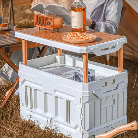 Super Roomy Camping Tote, Foldable Stackable Storage Bin With Hardwood Lid And Scuff Proof Plastic Body, Huge 95 Liter Capacity For Trail Gear And Equipment, Rugged Trail Ready Build Creamy White