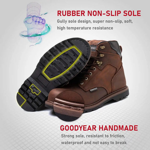 Mens Work Boots With Crazy Horse Leather Goodyear Construction Steel Toe Waterproof Non Slip Warmth Tough Work Shoes For Rough Terrain Brown Size 13 All Day Comfort showcasing non-slip sole and Goodyear craftsmanship.