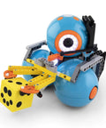 Colorful Gripper Arm Kit For Dash And Cue Robots, Hands On STEM Toy To Lift Grab And Move Cargo, shown gripping a yellow block