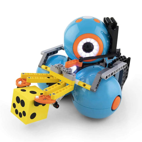 Colorful Gripper Arm Kit For Dash And Cue Robots, Hands On STEM Toy To Lift Grab And Move Cargo, shown gripping a yellow block