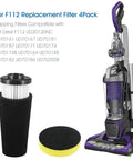 4 Pack F112 Vacuum Filter Replacement With 2 Foam Filters For Dirt Devil Upright Vacuums, shown with vacuum cleaner and filters