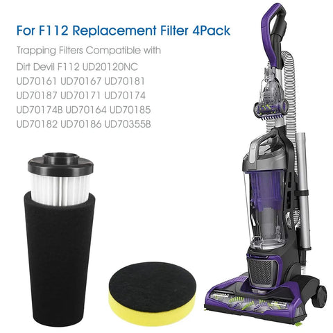 4 Pack F112 Vacuum Filter Replacement With 2 Foam Filters For Dirt Devil Upright Vacuums, shown with vacuum cleaner and filters