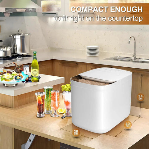 Compact countertop ice maker machine, 34cm height, 40cm width, 28cm depth, producing nine crisp ice cubes in six minutes.