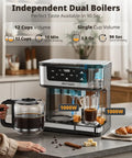 Front angle view showing the 12 Cup Programmable Dual Coffee Maker With Single Serve And Multi Brew Modes for K Cup Pods and Ground Coffee on a kitchen counter.