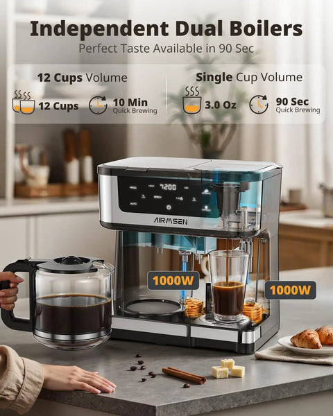 Front angle view showing the 12 Cup Programmable Dual Coffee Maker With Single Serve And Multi Brew Modes for K Cup Pods and Ground Coffee on a kitchen counter.