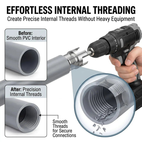 Four In One PVC Pipe Threader For Internal And External Threading Works With Electric Drills Easy To Use For One Half Inch Three Quarter Inch And One Inch PVC Pipes Tapping And Cutting Tool For DIY Home Plumbing Repairs used with a drill for internal threading on PVC pipe.