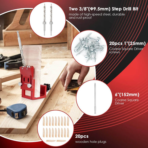 Pocket Hole Jig Kit With Adjustable Aluminum Pocket Hole System Portable Screw Jig Set For Woodworking And Carpentry Includes Three Eighths Inch Step Drill Bits Coarse Square Driver Screws And Wooden Hole Plugs shown with components