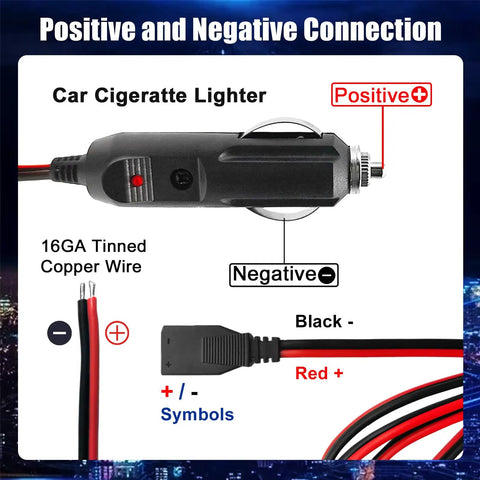 Heavy Duty Three Pin CB Power Cord With 2 Wire 16 Gauge Copper Cable And Fused Car Lighter Plug 12V Replacement For Mobile CB Radios That Power Your Rig And Work With Most 3 Pin Systems Red LED Indicator with positive and negative connections shown