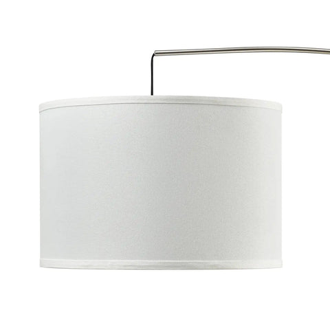 Modern Arc Floor Lamp With Brushed Steel Arch And Silver Finish Hanging Drum Shade Over Sofa For Reading In Living Room Or Bedroom Corner Standing Light To Add Cozy Glow And Contemporary Style showing silver drum shade