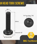 Badass M6 X 25 Millimeter Pan Head Torx T30 Security Screws showing dimensions and black oxide coating for heavy duty use.