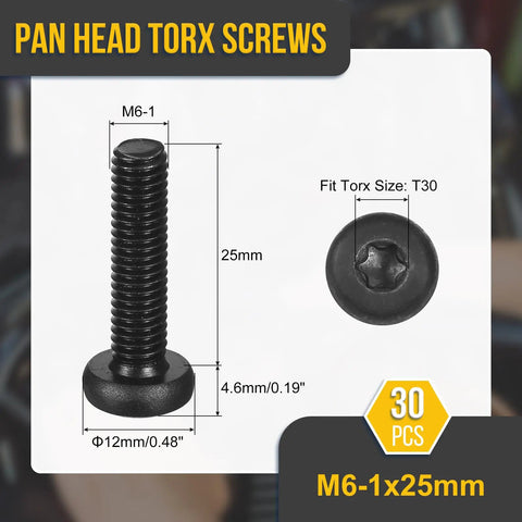 Badass M6 X 25 Millimeter Pan Head Torx T30 Security Screws showing dimensions and black oxide coating for heavy duty use.