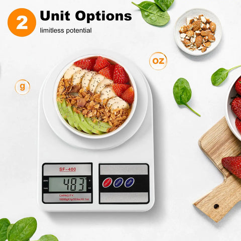 Digital Kitchen Scale With 10Kg Capacity, Stainless Steel Platform, Tare Function, Display Showing 403g, White Finish