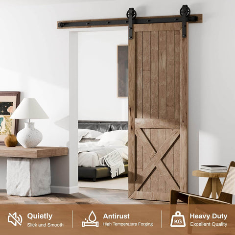 Beefed-Up Sliding Barn Door Hardware Kit 84 Inch Seven Foot Track System For Single Door Fits 42 Inch Wide Panels With Big Wheel Rollers Black Powder Coated Steel Silent Smooth Glide 330 Lbs Capacity shown installed in a living room.