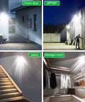 Two Pack Outdoor Motion Sensor Lights With 6000K LED Spotlight Battery Powered 8W 600 Lumen Security Lights illuminating garage and yard