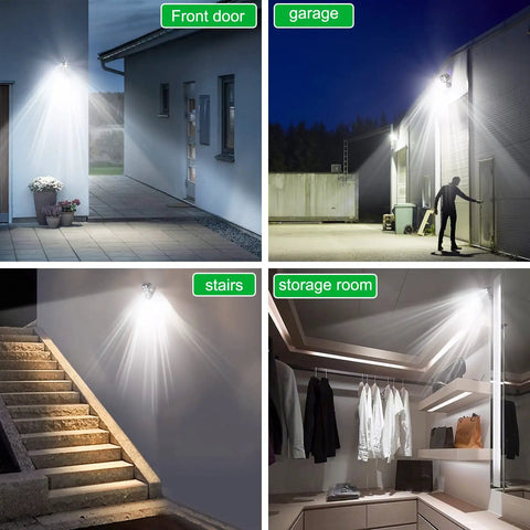 Two Pack Outdoor Motion Sensor Lights With 6000K LED Spotlight Battery Powered 8W 600 Lumen Security Lights illuminating garage and yard