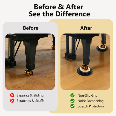 Heavy Duty Piano Caster Cups Set For Upright And Grand Pianos, Metal Rubber Wheel Pads With Non Slip Felt Bottom, Anti Scratch Floor Protectors For Hardwood Floors, Reduces Noise And Protects Surfaces. Before and after comparison showing piano on hardwood floor with and without caster cups.