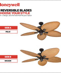 Palm Island 52 Inch Tropical Indoor Outdoor Ceiling Fan With No Light Pull Chain Two Mounting Options Five Palm Leaf Blades Damp Rated For Porches And Garages Up To 400 Sq Ft For That Chill Tropical Vibe, showing reversible palm and wicker blade options.