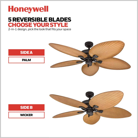 Palm Island 52 Inch Tropical Indoor Outdoor Ceiling Fan With No Light Pull Chain Two Mounting Options Five Palm Leaf Blades Damp Rated For Porches And Garages Up To 400 Sq Ft For That Chill Tropical Vibe, showing reversible palm and wicker blade options.