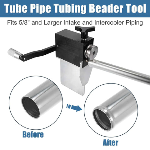 Bead Roller Tool Five Eighths Inch Tubing Beader For Intake And Intercooler Piping, shows before and after bead on metal pipe
