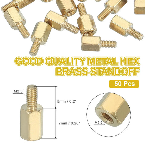 Rock Solid M2.5 Hex Brass PCB Standoffs Fifty Piece Kit For FPV Drone Quadcopter showing gold finished brass hex standoffs.