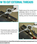 Instructions on using a tap and die set to cut external threads, showing proper tool setup and application for DIY mechanics.