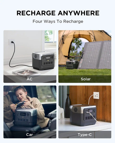 River 2 Pro Portable Power Station with 768Wh LiFePO4 Battery charging via AC, solar, car, and Type-C methods.