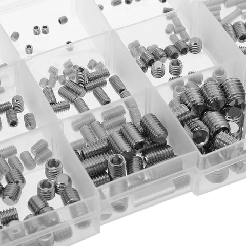 Stainless Steel Cup Point Set Screws Kit 300 Pcs with Allen Wrenches Rust Resistant Low Maintenance Finish in compartment box