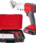 Heavy Duty 21V Cordless Sheet Metal Shear With Brushless Motor And Batteries in case, chrome vanadium steel head for cutting.