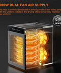 Whisper Quiet Electric Food Dehydrator with 360 Rotating Trays, Glass Window, and Dual Fan System for Efficient Drying.